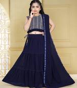 Beautiful Designer Sequance Embroidery Work Lehenga Set For Kids In Blue Colour For Ethnic And Traditional Looks