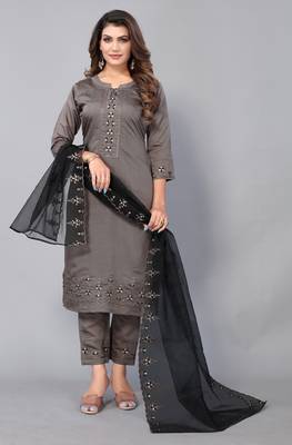 Thread And Sequance Embroidery Work Readymade Salwaar Kameez With Full Ethnic Looks In Grey Colour Over Chinon Fabric 1