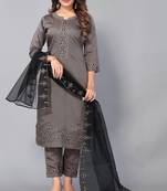 Thread And Sequance Embroidery Work Readymade Salwaar Kameez With Full Ethnic Looks In Grey Colour Over Chinon Fabric