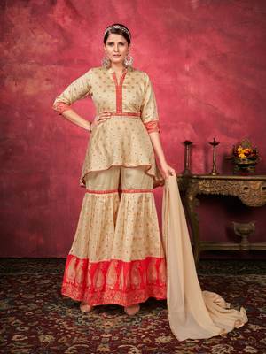 Ethnic Plazzo Set in Beige Colour For Trendy Wedding Looks In Art Silk Fabric 1