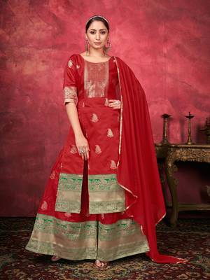Ethnic Plazzo Set in Red Colour For Trendy Wedding Looks In Art Silk Fabric 1