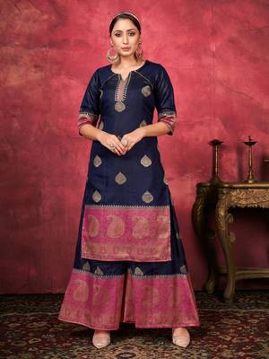 Ethnic Plazzo Set in Blue Colour For Trendy Wedding Looks In Art Silk Fabric 1