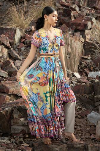 Paisley Sketch Maxi Dresswith Front Slit