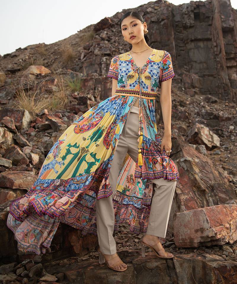 Paisley Sketch Maxi Dresswith Front Slit