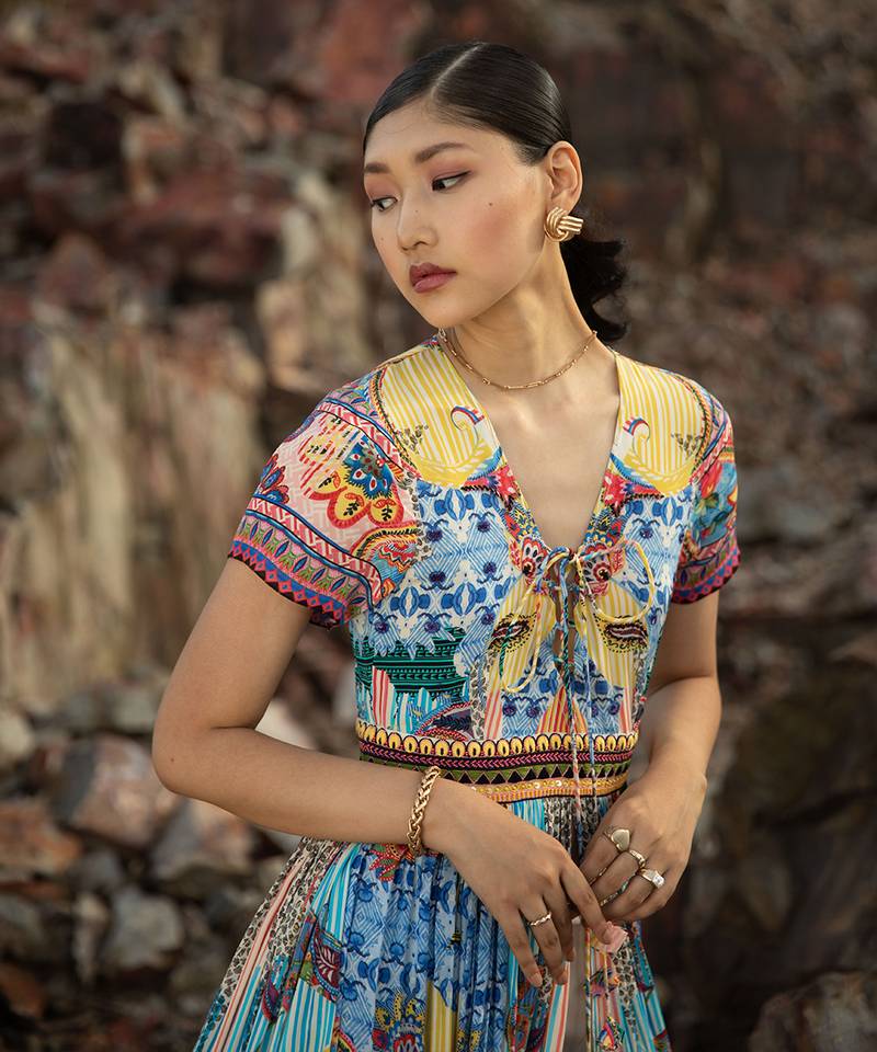 Paisley Sketch Maxi Dresswith Front Slit