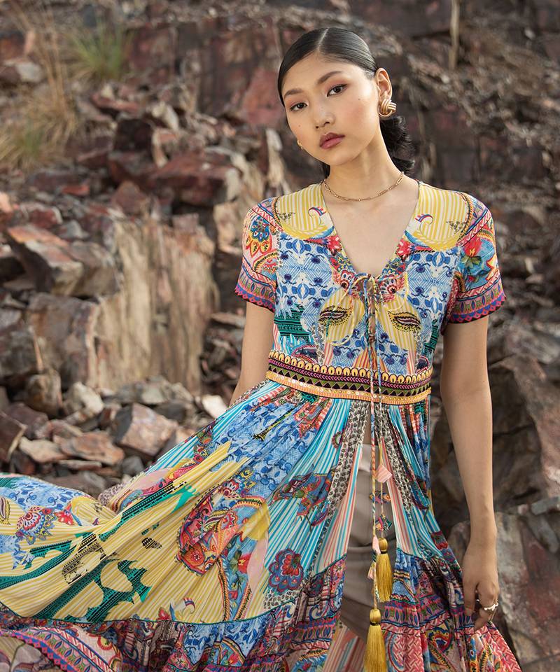 Paisley Sketch Maxi Dresswith Front Slit