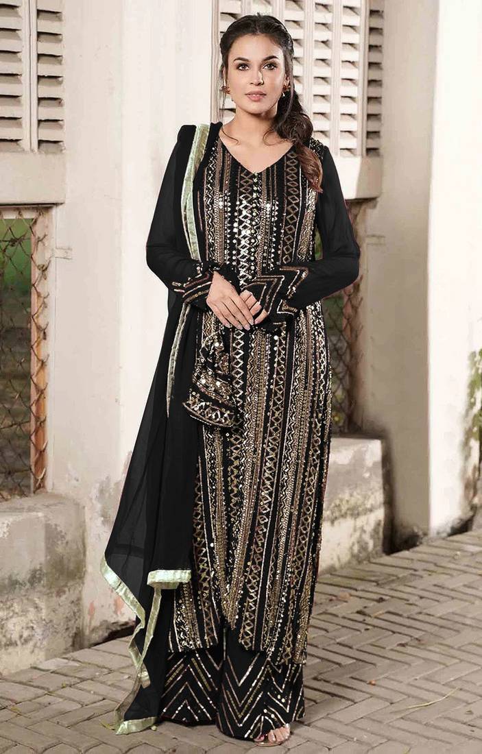 Designer Ethnic Sequance Embroidery Work Faux Georgette Salwaar Kameez In Beautiful Black Colour