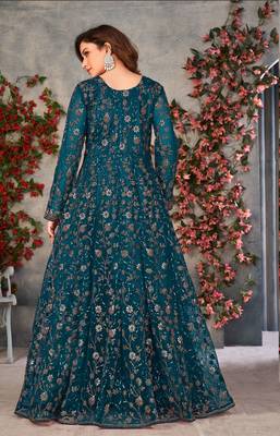Heavy Sequance Embroidery Work Soft Net Traditional Anarkali Dress In Amazing Teal Blue Colour 2