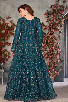 Heavy Sequance Embroidery Work Soft Net Traditional Anarkali Dress In Amazing Teal Blue Colour
