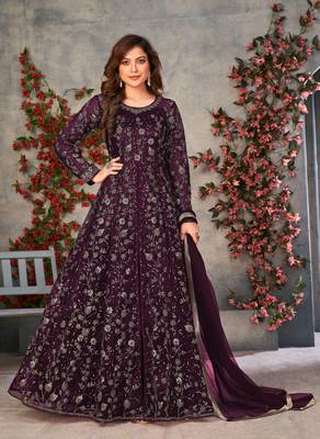 Heavy Sequance Embroidery Work Soft Net Traditional Anarkali Dress In Amazing Purple Colour 1
