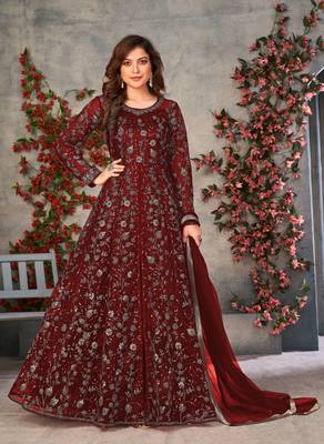 Heavy Sequance Embroidery Work Soft Net Traditional Anarkali Dress In Amazing Maroon Colour 1