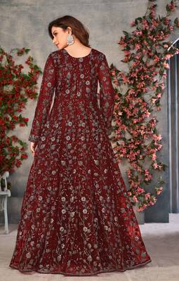 Heavy Sequance Embroidery Work Soft Net Traditional Anarkali Dress In Amazing Maroon Colour 2