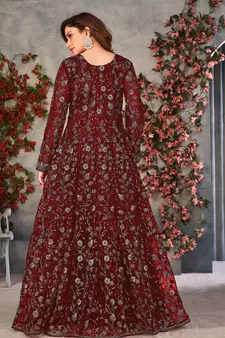 Heavy Sequance Embroidery Work Soft Net Traditional Anarkali Dress In Amazing Maroon Colour