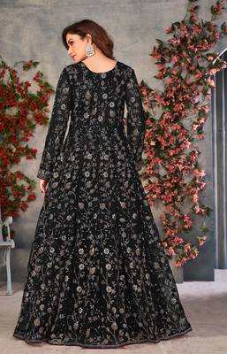 Heavy Sequance Embroidery Work Soft Net Traditional Anarkali Dress In Amazing Black Colour 2