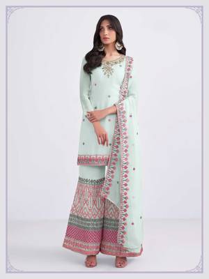 Ethnic Multy Thread Sequance Embroidery With Khatli Work Dress In Sky Blue Colour On Georgette Fabric 1
