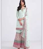 Ethnic Multy Thread Sequance Embroidery With Khatli Work Dress In Sky Blue Colour On Georgette Fabric