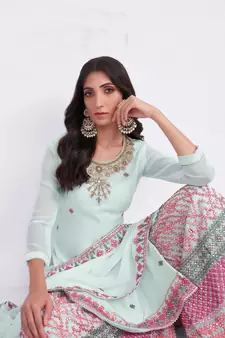 Ethnic Multy Thread Sequance Embroidery With Khatli Work Dress In Sky Blue Colour On Georgette Fabric