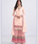 Ethnic Multy Thread Sequance Embroidery With Khatli Work Dress In Peach Colour On Georgette Fabric