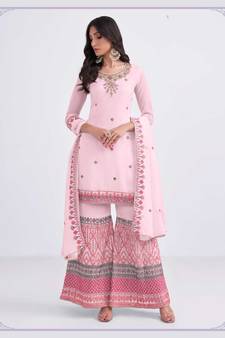 Ethnic Multy Thread Sequance Embroidery With Khatli Work Dress In Light Pink Colour On Georgette Fabric