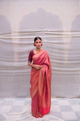 Pink Silk Brocade Banarasi Saree With All Over Floral Jaal In Vintage Gold With Meenakari Without Blouse 1