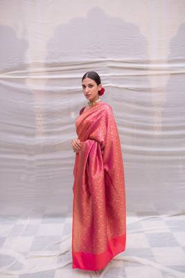 Pink Silk Brocade Banarasi Saree With All Over Floral Jaal In Vintage Gold With Meenakari Without Blouse 2