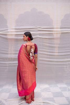 Pink Silk Brocade Banarasi Saree With All Over Floral Jaal In Vintage Gold With Meenakari Without Blouse 3