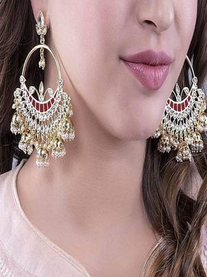 Runjhun Traditional Red Gold Plated Designer Pearl And Kundan Jhumka Earrings  4