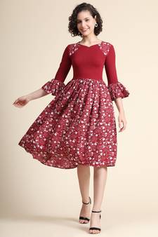 Maroon printed polyester maxi-dresses