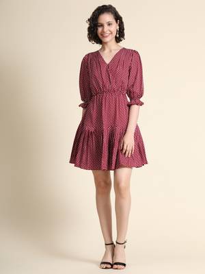 Maroon printed polyester short-dresses 1