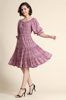 Maroon printed polyester short-dresses