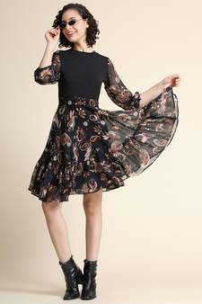 Black printed georgette short-dresses