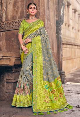 grey woven silk blend saree with blouse 1