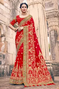 Red woven silk saree with blouse