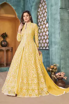 Yellow embroidered net salwar
