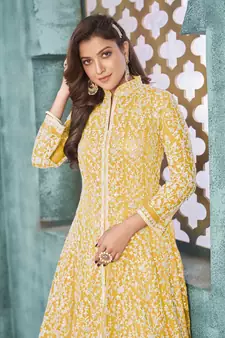 Yellow embroidered net salwar