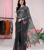 Grey Printed Organza Saree With Blouse