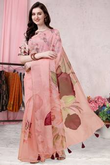 Peach printed organza saree with blouse