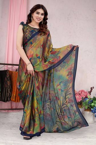 Blue Printed Chiffon Saree With Blouse