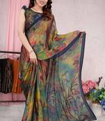 Blue Printed Chiffon Saree With Blouse