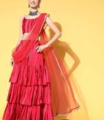 Inddus Pink & Red Tie and Dye Sequinned Poly Georgette Lehenga Drape Ruffle Saree with Blouse