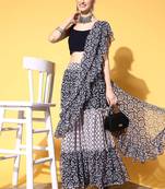 Inddus Black & White Ethnic Motifs Printed Poly Georgette Lehenga Drape Ruffle Saree with Blouse Piece