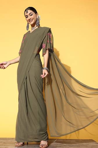Inddus Olive Green & Pink Floral Embroidered Poly Georgette Ready To Wear Saree With Blouse