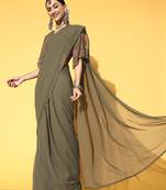 ready to wear inddus olive green & pink floral embroidered poly georgette saree with blouse