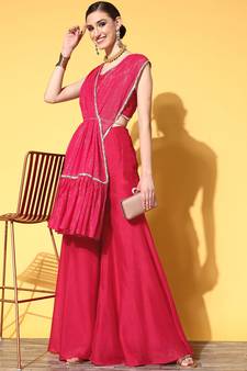 inddus pink solid silk blend palazzo drape saree with embellished border