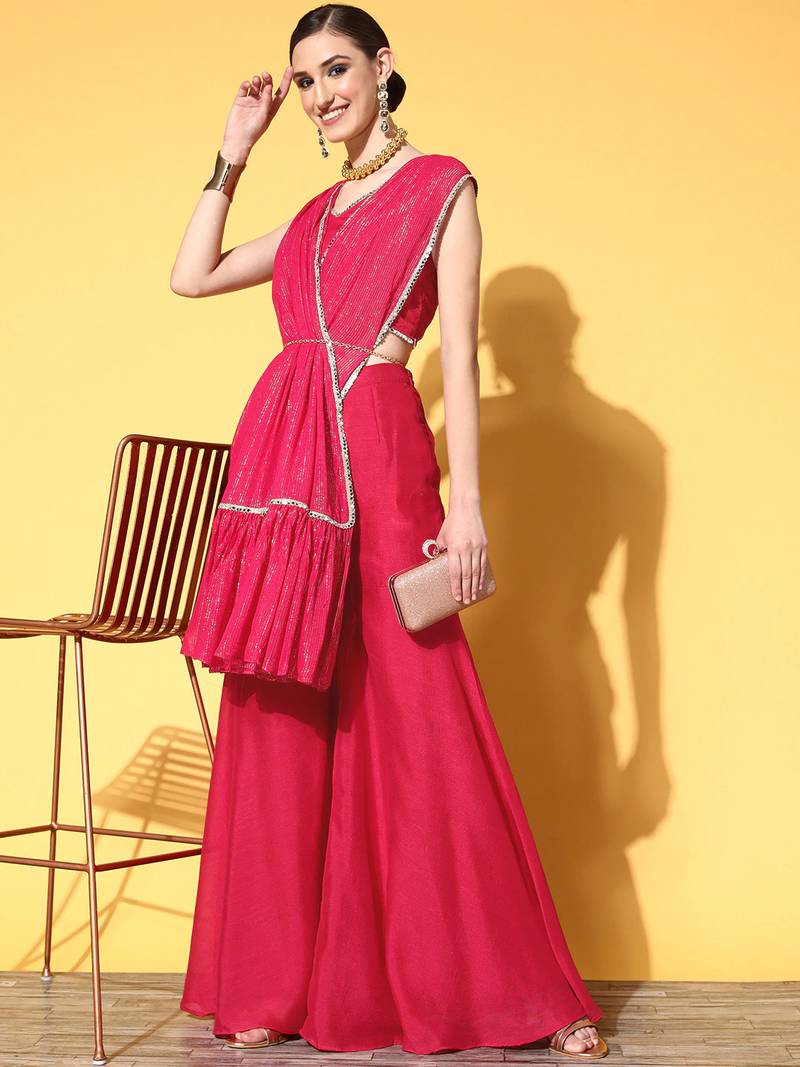 inddus pink solid silk blend palazzo drape saree with embellished border