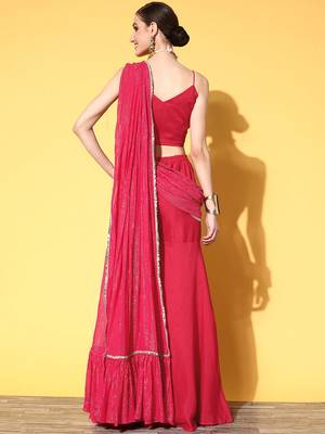 inddus pink solid silk blend palazzo drape saree with embellished border 4