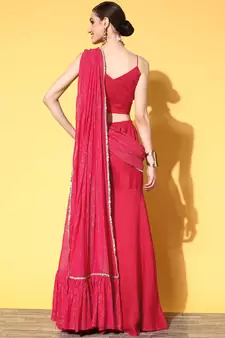 inddus pink solid silk blend palazzo drape saree with embellished border