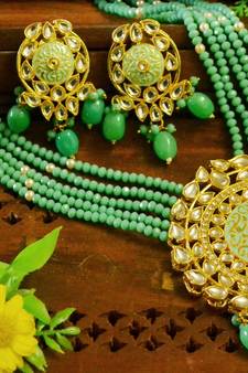 Turquoise designer floral meenakari kundan studed onyx stone multilayer necklace set with earrings