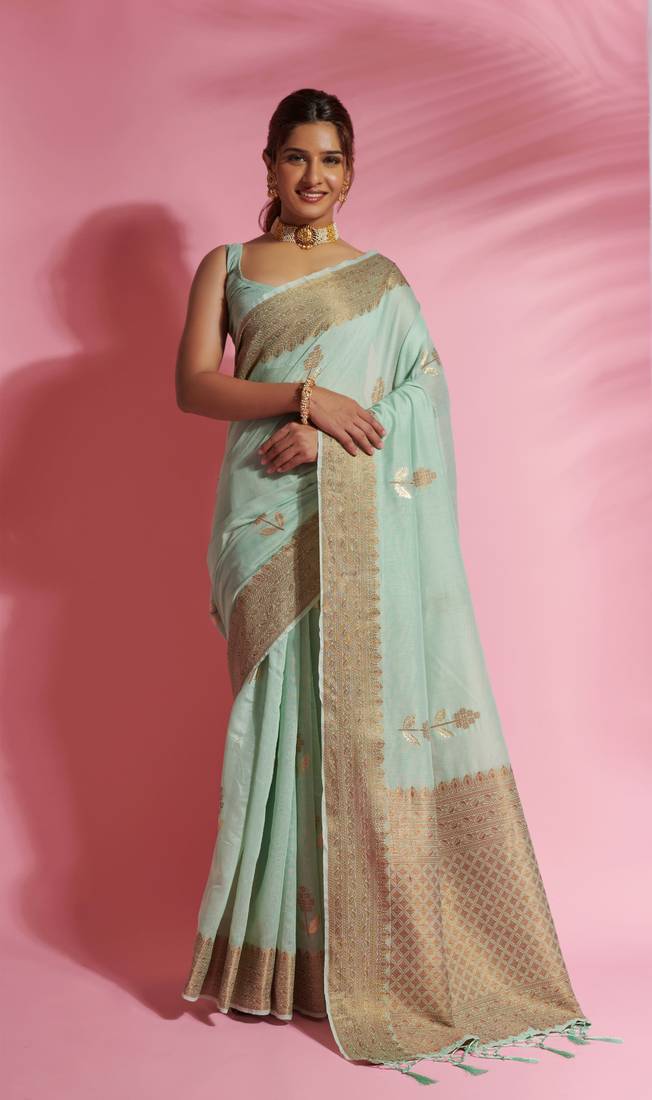 Light blue woven cotton saree with blouse