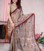 Beige Printed Chiffon Saree With Blouse